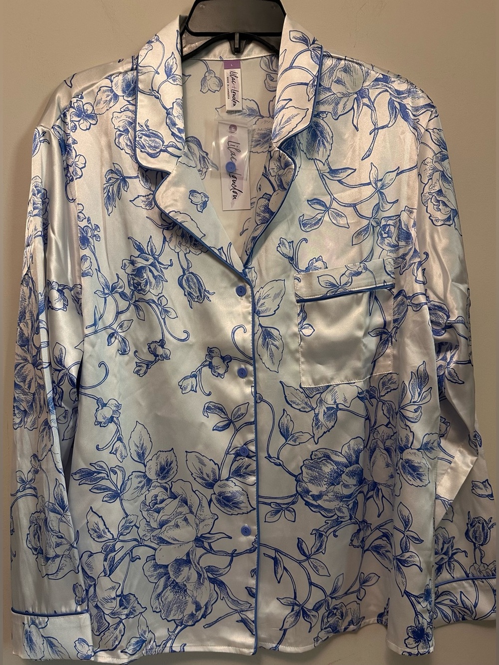 Lilac + London Satin Pajama Set Blue White Floral Button Up Top Shorts NWT L